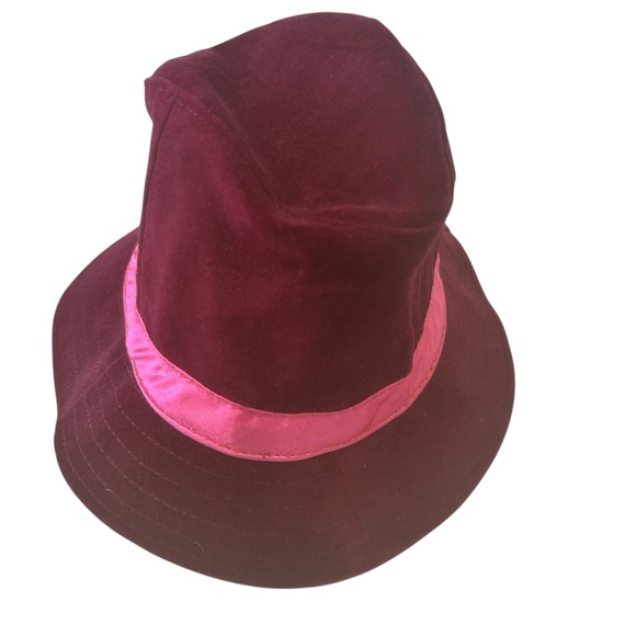 Wilsons Leather Pelle Studio Burgundy Velvet Fedora Hat L/XL Pink Satin Band VTG - Picture 10 of 10